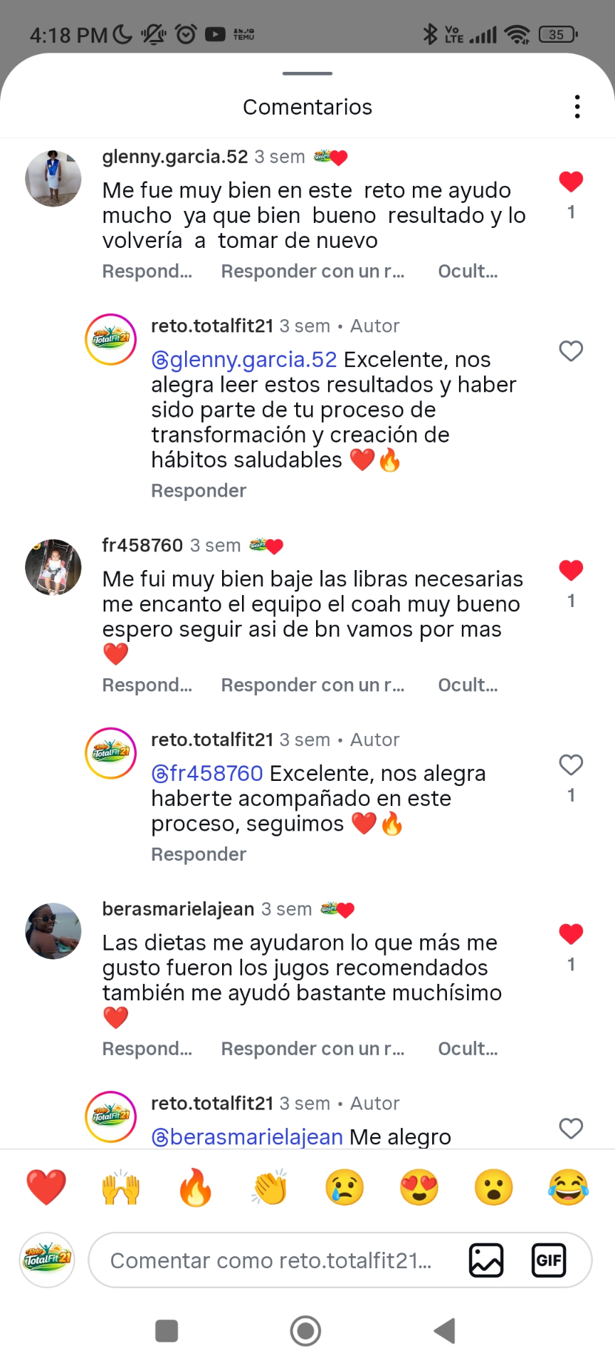 Comentario de Instagram: me fue muy bien en este reto