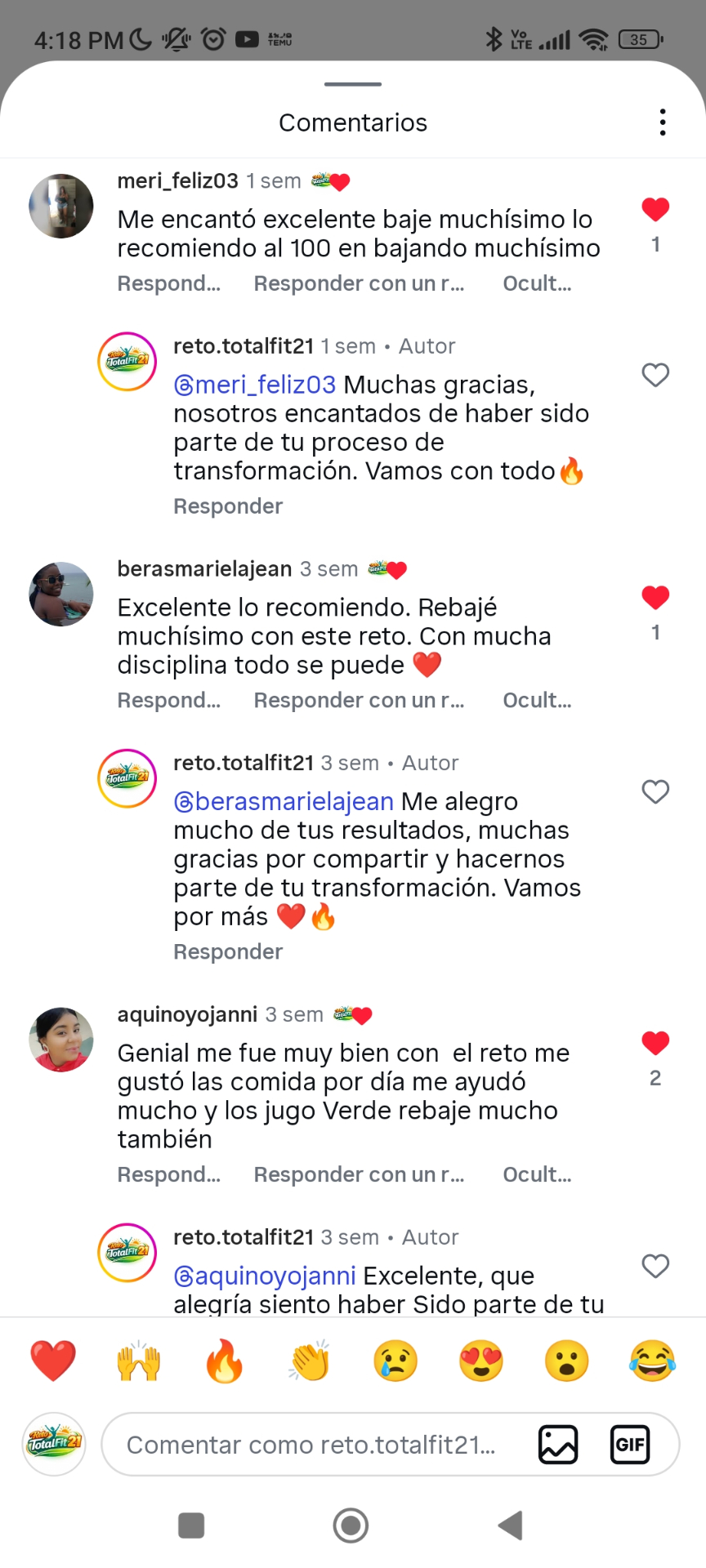 Comentario de Instagram: bajé muchísimo con este reto