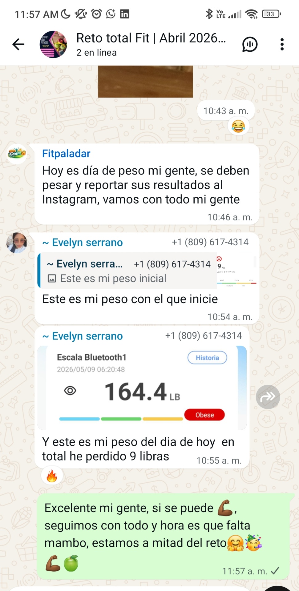 WhatsApp: Evelyn Serrano reporta -9 libras en la báscula
